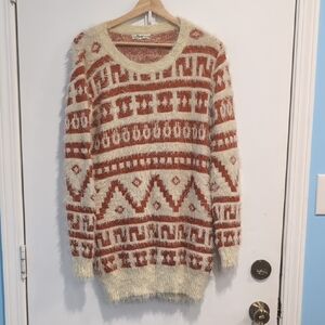 Pastel Design Cream And Orange Geometric Sweater Mohair Size M/L Stretch Fuzzy